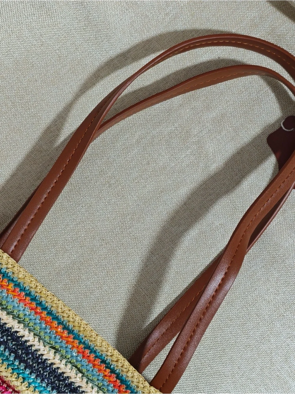 Miu Miu Multicolor Striped Crochet Tote with Brown Leather Straps - Picture 8 of 8